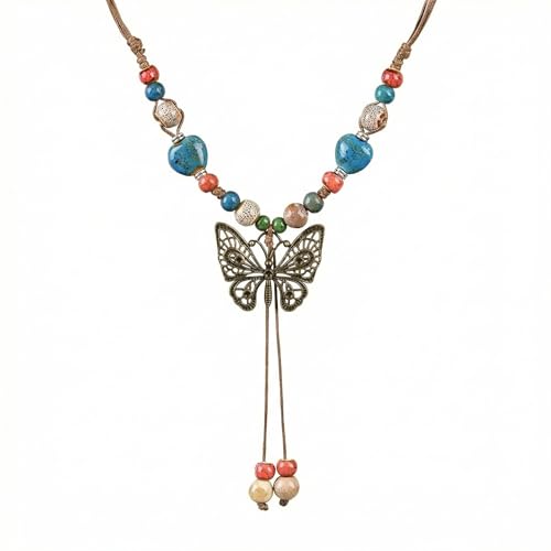 Boho Necklace for Women,Vintage Butterfly Pendant Necklaces,Adjustable Wooden Beads Layered Braided Choker,Fashion Tribal Style Leather Rope Necklace Jewelry,Chunky Statement Gift for Women (Colorful2)