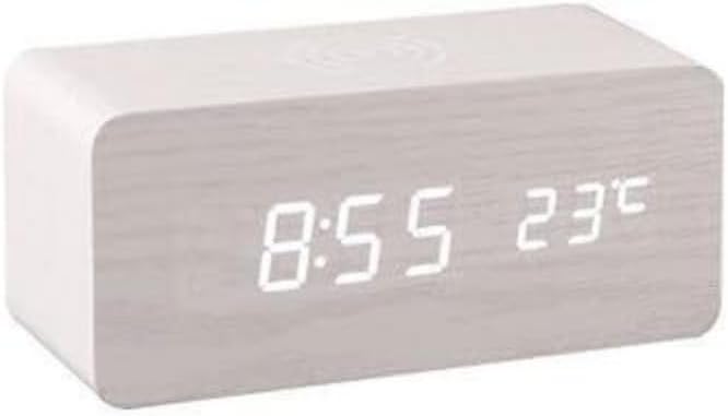 Generic Wooden Digital LED Alarm Clock Voice Control USB/AAA Powered Electronic Table Clock (White/White lettering)