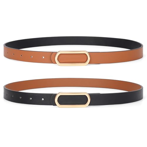 Image of JASGOOD Skinny Reversible Belts for Women Thin Leather Belt for Dresses Jeans Pants with Gold Silver Buckle,1Pack,Black/Brown M