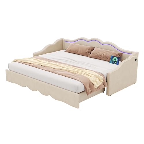 Yihomfy - Sofá cama pequeño, sofá convertible de 2 plazas, cama de día 90 x 200 cm, extensible hasta 180 cm con LED y conexión USB