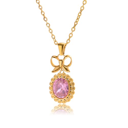 Image of 18k Gold Plated Vintage Dainty Pink Gemstone Bow Pendant Necklace Women Court Style Oval Cut Zircon Necklace