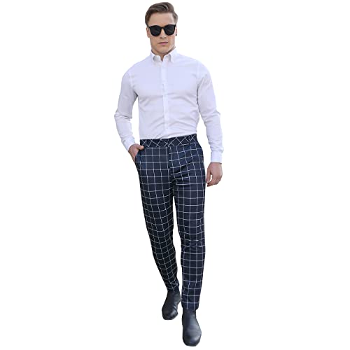 Men's Business Pants Skinny Fit Plaid Flat-Front Stretch Slim Stylish Casual Golf Dress Pants Navy Blue #TOP4