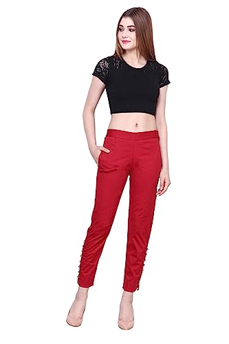 Image of POPWINGS Women Casual Mid Rise Stretchable Red Cotton Trouser