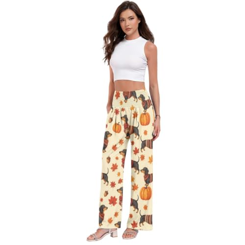 Pantalon à jambe large pour femme imprimé teckel all-over à taille haute élastique