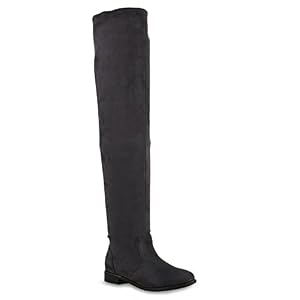 stiefelparadies Damen Stiefel Overknees Veloursleder-Optik Winterstiefel Langschaftstiefel Metallic Blockabsatz Schuhe 129064 All Grau 37 Flandell