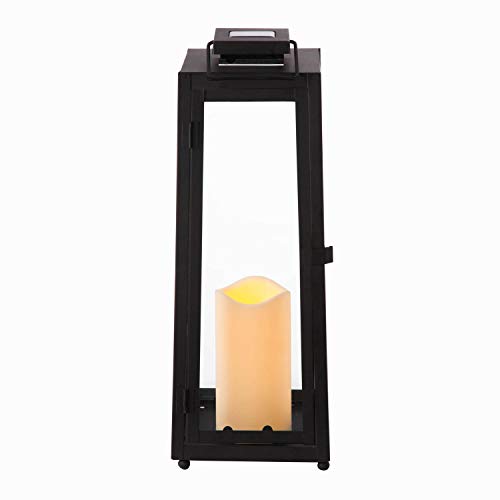 Outdoor Solar Lantern With Flameless Candle - 15 Inch Tall, Black Metal & Glass, Dusk To Dawn, Decorative Waterproof Patio Decor - Battery Included #TOP3