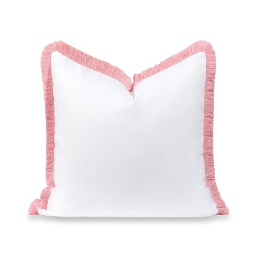 Hofdeco Premium Coastal Grandmillennial Patio Indoor Outdoor Throw Pillow Cover Only, 22"x22" Water Repellent for Backyard, Couch, Poolside, White Blush Pink Solid