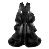Perspektive Federmantel für Frauen Dessous Bademantel Hochzeit Mesh Flare Ärmel Tüll Lotusblatt Lang Braut Bademantel Mutterschaft Fotoshooting Party Hochzeit Kleid, Schwarz , 38