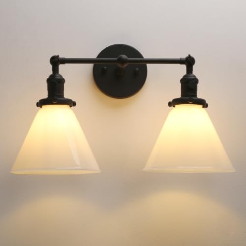 Image of Double Sconce Vintage Industrial Black 2-Lights Wall Sconces with Funnel Flared Glass Milk Glass Shade Antique Scocne for Bathroom Living Room Home Office
