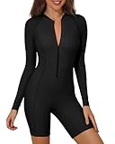 Century Star Long Sleeve Rash Guard Swimsuit Women Modest Conservative One Piece 2024 Full Coverage Wetsuits Boyleg Shorts High Neck Athletic Surfing Zipper Swimwear Bathing Suits Black Small