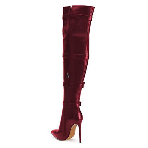 Xyd Women Stiletto High Heel Over The Knee Boots Pointed Toe Buckled Strappy Thigh High Boot Winter Night Club Shoes Size 13 Wine Red-Pu #TOP2