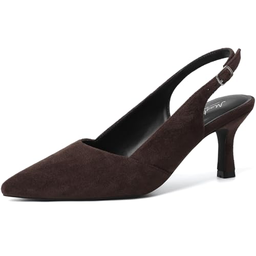 Mostrin Dark Brown Kitten Heels for Women Suede Slingback Pointed Closed Toe Heels Womens Pumps Shoes for Wedding, Party, Commuting Size 7