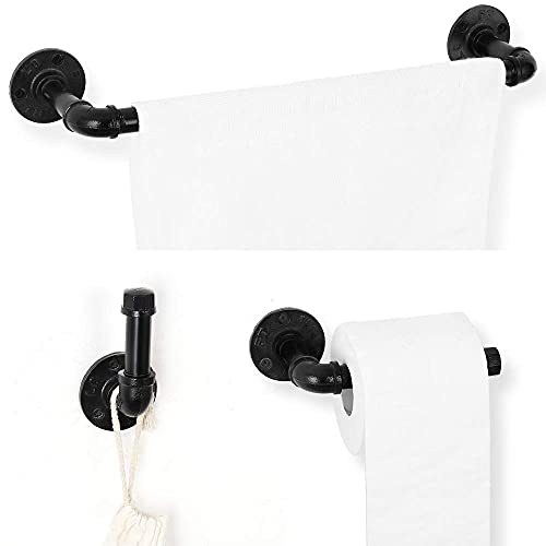 Liantral Bathroom Hardware Set, 4-Piece Wall Mounted Industrial Pipe Bathroom Accessory Kit- 18" Towel Bar Rack, Toilet Paper Holder, 2 Robe Hooks, Black #TOP5