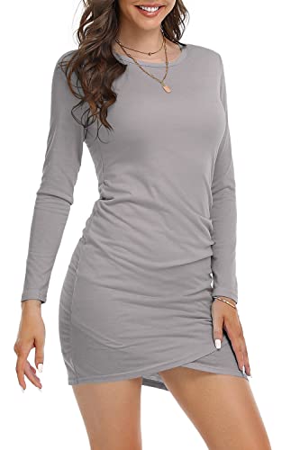 DEARCASE Damen Bodycon Kleid Kurz Enges Wickelkleid Lange Ärmel Freizeitkleider für Damen Mini T Shirt Kleid (Hellgrau, M)