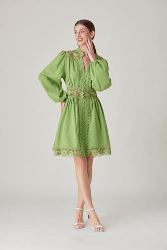 Image of LAI MENG FIVE CATS Women's V-Neck Elegant Lace Long Sleeve Lantern Sleeve Button up Casual Mini Dress