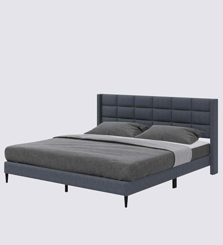 Image of Mintwud Pepperfry Woodlyn Upholstered Queen Size Bed Without Storage | Wooden Double Bed with Tufted Headboard for Bedroom Living Room Home and Hotel (Dark Grey)