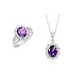 RYLOS Jewelry For Women 14K White Gold Princess Diana Inspired Ring & Necklace W/ 18" Chain Gemstone & Diamonds 9X7MM Amethyst February Birthstone Womens Jewelry Matching Gold Jewelry For Women