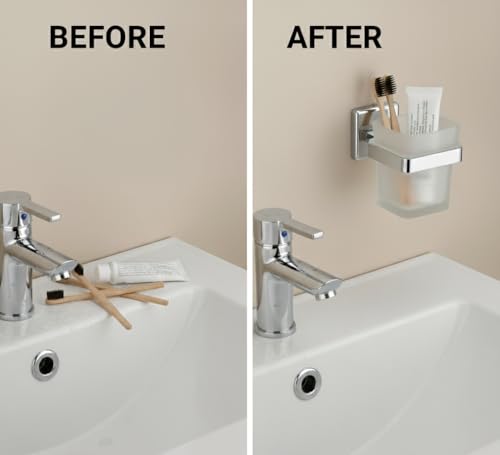 Image of 304 Stainless Steel Frosted Glass Tumbler Holder | Wall Mounted Toothbrush Holder with Frosted Glass Cup | Rust Proof Bathroom Toothbrush Stand | Chrome Finish Bathroom Accessories (Square-27N)