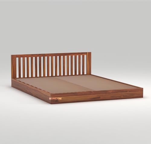 Image of SUNCOM Wooden Low Height King Size Bed Without Storage - Wooden Platform Double Bed - Space Saving Low Floor /Lying /Rise /Level /Profile Cot Bed for Bedroom - Basic Headboard (Honey Finish)