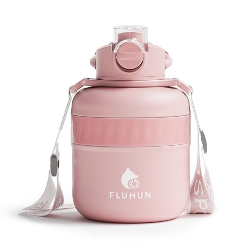 FLUHUN 32 oz Insulated Water Bottle with Straw Lid and Handle, Stainless Steel Sports Water Cup Flask with Spout Lid and Strap, Double Walled Vaccum, Leak Proof, Perfect for Outdoors (pink, 32oz)