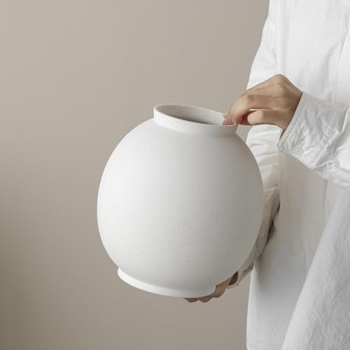 Minimalist White Ceramic Farmhouse Vase, Rustic Design for Home and Living Room Decor, Table, Bathroom, Holiday & Weddings (Ball-White)