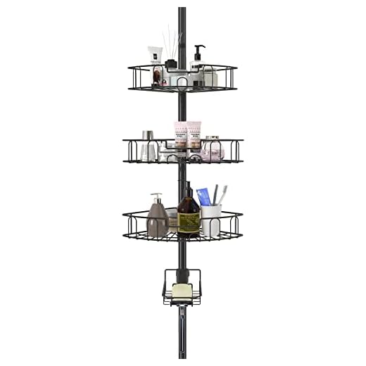 YeYeBest Rustproof Shower Caddy Corner for Bathroom, Bathtub Storage Organizer with 4 Adjustable Baskets, 39-125 Inch Shower Corner Caddy with Tension Pole for Shampoo Accessories, Black