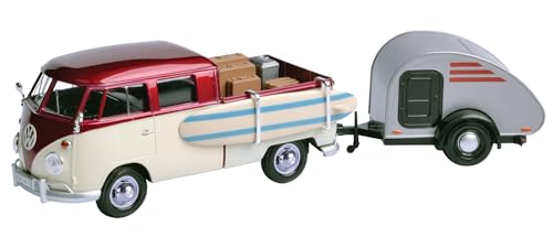 Motormax Volkswagen T1 Pickup Truck Purple & Cream with Surfboard, Accessories & Gray Teardrop Trailer 1/24 Diecast Model Car 79673
