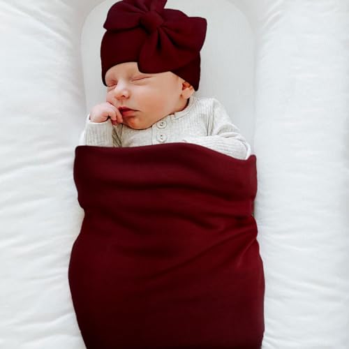 Image of AQOKKA Newborn Receiving Blanket with Bow Hat Mittens Wooden Card Set Newborns Toddler Baby Boy Girl Nursery Swaddle Wrap