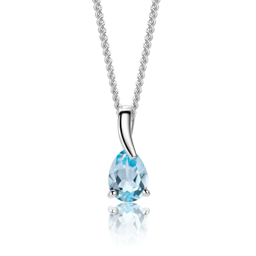 MIORE Collier Femme, Pendentif Or Blanc 9 Carats 375, Topaze Bleue 0,90 Carat, Forme Poire, Chaîne Gourmette, 45 cm, Fermoir Anneau à Ressort, Bijoux Femme avec Boite...