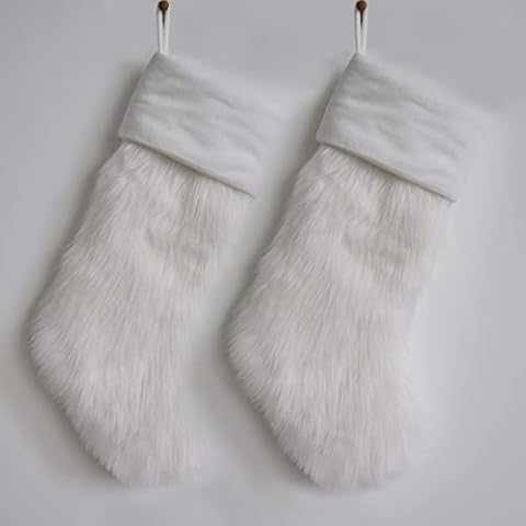 Gireshome Set of Two White Luxury Faux Fur Body,Deluxe Velvet Cuff Christmas Stocking-10inch x 18inch / 25X46cm Cover