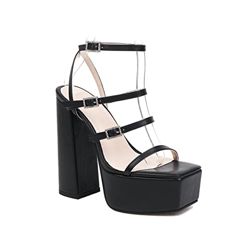 TNXZ Platform Chunky Heels for Women, Block Heel Sandals with Open Square Toe Multi Buckle Party Club Shoes