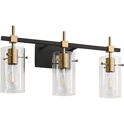 SOLFART Vintage Vanity Light Bathroom Light Fixture Over Mirror for Bath Glass Shade Light Black and Bronze Modern Style 3 Lights Cover