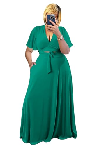 Image of Plus Size Women's 2 Piece Outfits Casual Short Ruffle Sleeve Wrap Crop Top Maxi Long Dress Flowy Matching Sets