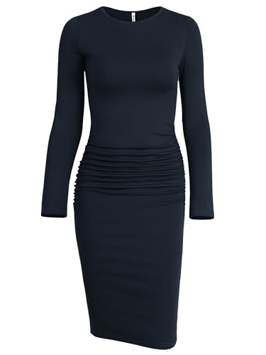 Image of Missufe Women's Long Sleeve Slim Ruched Bodycon Dress 2025 Trendy Fall Casual Round Neck Sheath Knee Length Outfits Clothes