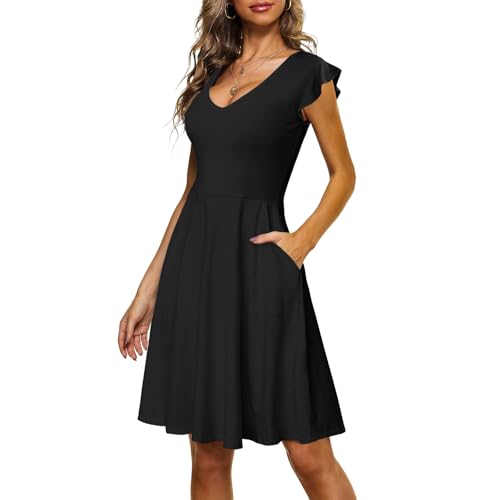 CLOUSPO Sommerkleid Damen Elegant Knielang Freizeit Kleider Rüschen Ärmel Strandkleid mit V Ausschnitt Midi Kleid A-Lini...