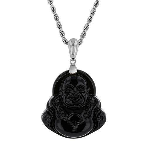 Laughing Buddha Black Jade Pendant Necklace Rope Chain Genuine Certified Grade A Jadeite Jade Hand Crafted, Jade Necklace, 14k White Gold Finish Silver Laughing Jade Buddha necklace