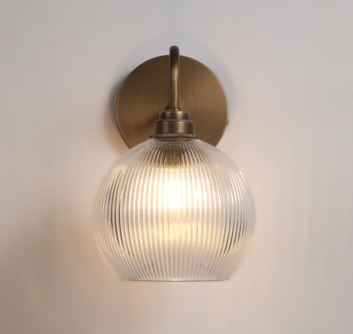 Image of Vintage Antique Brass Wall Sconce with Ribbed Glass Globe Shade, Antique Bronze Finish Gooseneck Sconce for Kitchen Sink, Bathroom, Bedroom (Bulb Included)