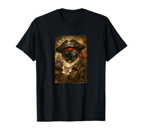Funny Pirate Cat Vintage Oil Painting Portrait Eye Patch T-Shirt