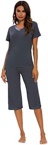 TIKTIK Womens Bamboo V-Neck Pajama Set Comfy Sleepwear Top with Capri Pants Pjs Petite Plus Size S-4XL, Dark Grey, 2X-Large