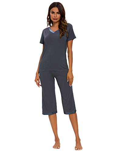 Tiktik Womens Bamboo V-Neck Pajama Set Comfy Sleepwear Top With Capri Pants Pjs Petite Plus Size S-4Xl, Dark Grey, 2X-Large #TOP5