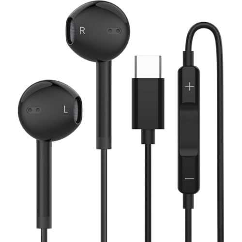 USB C Headphones, In-Ear Wired Type C Earphones with Microphone, Noise Cancellation Ear buds, Built-in Mic & Volume Control Ear Headphones Compatible with all C Type devices (black)