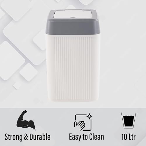 Image of Kuber Industries 10 Ltr Plastic Waste Basket for Kitchen Dustbin with One Touch Press Open Lid | Office and Bathroom Dustbin Garbage Trash Can Bin | Portable Dust Bins for Home | Orbit | White
