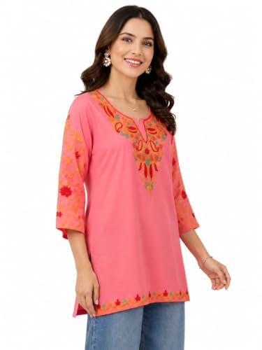 Image of HAUTEMODA Women Cotton Floral Embroidered Short Kurti, Tunic, Three-Fourth Sleeves, White