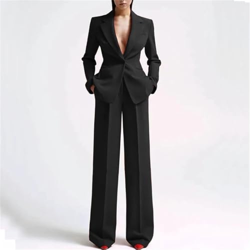 Women Suit Two Pieces Outfit Long Sleeve Business Casual Blazer Jacket with Wide Leg Pant Suit Set for Work3