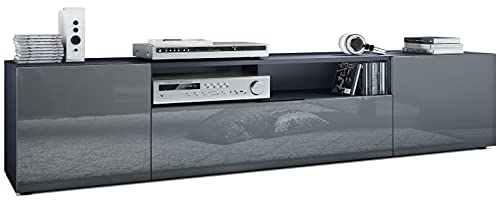 Vladon TV Board Mogan 181 x 39 x 35 cm, langes Lowboard mit 6 Fächern, Korpus in Anthrazit Matt, Fronten in Grau Hochglanz