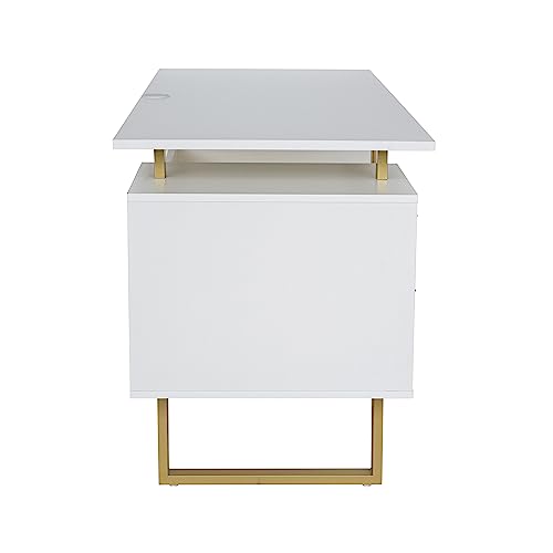 Modern Office Desk with Storage Drawers and Cabinet - White/Gold