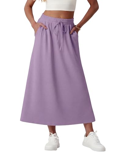 GRECERELLE Rock Damen mit Taschen Elastischer Bund Maxirock Damen Lang A-Linie Sommerrock Damen Midi aus Modal-Mix Casual Rock für Alltag & Urlaub (Helles Lila XL)