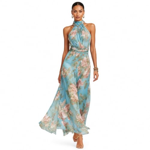 Women's Halter Wedding Guest Dress, Floral Chiffon Maxi Dress (Peacock Blue,3X-Large)