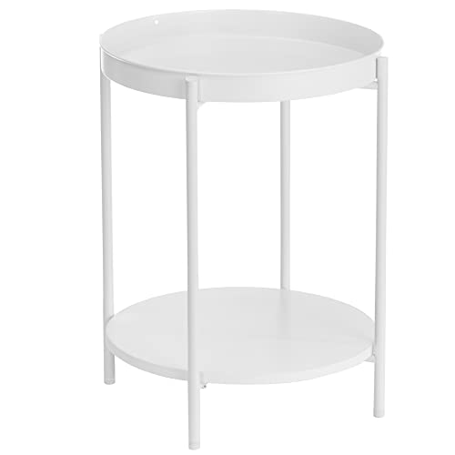 Image of VASAGLE End Table, Side Table 2-Tier, Sofa Table with Movable Tray, Coffee Table, Steel Frame, Modern Style, for Living Room, Bedroom, White ULET221W10