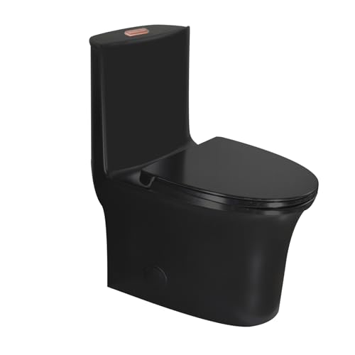 WinZo WZ5020B-RG Elongated One Piece Toilet Dual Flush 1.1/1.6 GPF Soft Close Toilet Seat Standard Height for Modern Bathroom,Black with Rose Gold Button